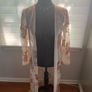 NWT! Long gold sheer duster w/ rosegold flowers
